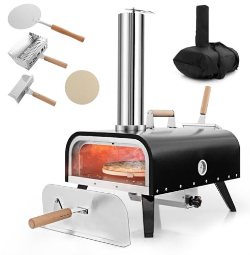 GYMAX Four à Pizza à Bois ou à Pellets, Four à Pizza Extérieur, Température Max. 350℃~400℃, Cuisson Facile avec Thermomètre, Pierre à Pizza Rotatif, Pelle à Pizza, Pelle à Bois, Housse de Protection