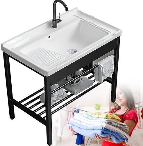 YANGYMM Freistehendes Waschbecken Keramik Mit Waschbrett, Reistehende SpüLtisch KüChe SpüLbecken, Befestigungsschrauben, Geeignet für Balkon, Garten, WaschküChe, Badezimmer,81x48x83cm