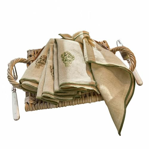 LOBERON Serviette 4er Set Myka, Feines Artischocken-Motiv, Bestickte Umrandung, Wiederverwendbar, Tischwäsche, Küchentextilien, Tischdekoration, Leinen, leinen/grün
