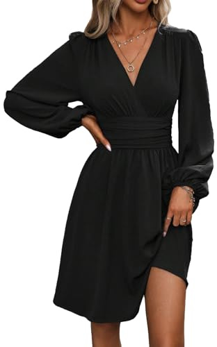LIAMERHE Mini Robe Femme Manches Longues Col V Chic et Elegant Robes Manches Lanternes Automne et Hiver A-Line Casual Robe Casual pour Fête Noël Mariage Noir XL