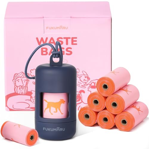 FUKUMARU Bolsas para Excrementos de Perro, 120 Unidades con Dispensador de Bolsas para Excrementos, con Fragancia a Rosa, Fáciles de Arrancar, Diseño Rosa para Perros, Dispensador Azul