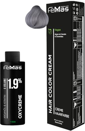 Femmas Haarfarbe Set Gray I Hair Color Cream 100ml + Oxycreme 100ml 1,9% I Permanente Haar-Coloration + Entwickler I Schonend & langanhaltend I Salon-Haarfarbe für Zuhause
