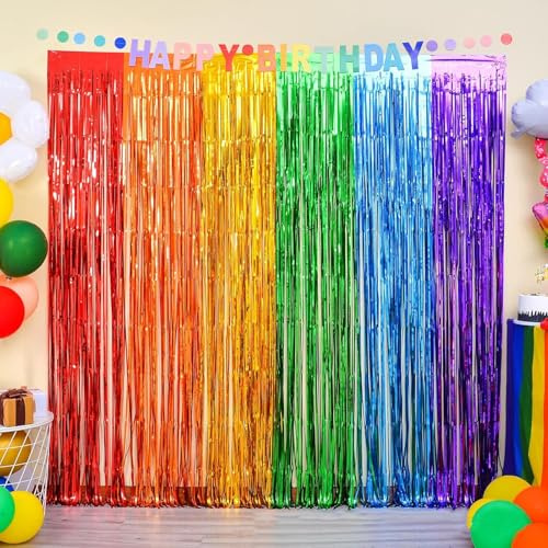 Regenbogen Fasching Party Dekorationen, 2-Pack Karneval deko Regenbogen Fastnacht folien Fransenvorhänge, Lametta, Glitzer Tinsel Curtain, metallische Luftschlangen, Urlaub, Fotokabinen Requisiten