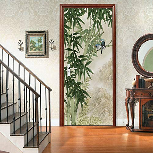 3D Türaufkleber Grüner Bambus&Vogel Türposter 3D Türsticker Selbstklebend Tapete Wasserdichtes Abnehmbare Wohnzimmer Wandtattoos Vinyl Wandbild Wohnkultur B90 x H200cm