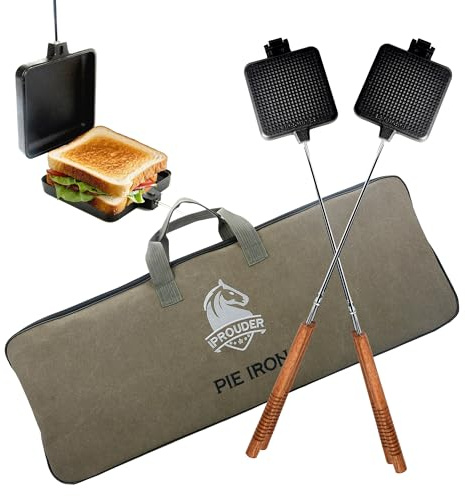 IPROUDER Campfire Pie Iron 4.9 Large Cast Iron Sandwich Maker for Camping 2 Pcs with Storage Bag - 22.6 inch Thickened Handles - Campfire Cooking Equipment for Grilling & Outdoor Cooking