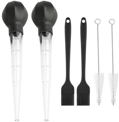 2 jeringas de pavo para cocinar, jeringa de pavo grande, jeringa para untar carne, inyector de pavo de cocción larga para engrasar carne de pavo + 2 cepillos de limpieza, 2 cepillos de silicona