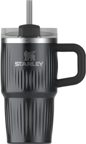 Stanley Quencher - Vaso H2.0 con asa y pajita, 591 ml, tapa Flowstate de 3 posiciones, soporte para vasos compatible para viajes, vaso de acero inoxidable aislado, sin BPA, negro estriado