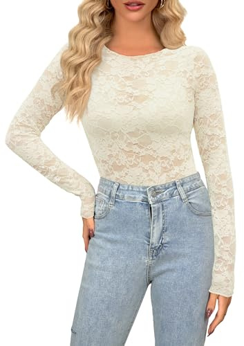 NONSAR Hauts en maille transparents pour femmes, chemisier sexy en dentelle, manches longues, motif floral, décontracté, Y2K, tenue rave, L