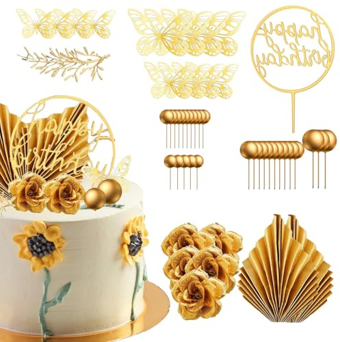 53 PCS Boho Cake Decorations, Dried Flowers for Cakes Floral Cake Decorations Gold Balls Cake Decoration Natural Pampas Grass for Wedding Party Home Decor