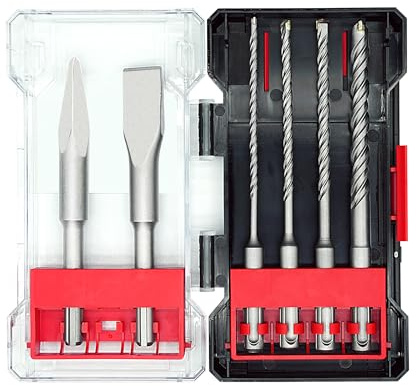 Axelord 6Pcs SDS Plus Rotary Hammer Drill Bit Set,Concrete Drill Bit Kit with Point Chisel,Flat Chisel,Cross Type Double Thread Carbide Material for Concrete,Stone,Brick,5/32 3/16 1/4 3/8