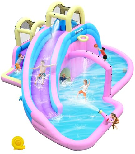 Easyair Large Inflatable Water Slide for Big Kids, Water Bounce House, Outdoor Blow Up Pool, Climbing Wall, Basketball Hoop with Blower