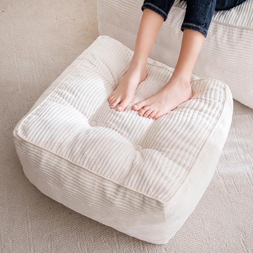 HIGOGOGO 55 * 55 * 35cm Corduroy Cube Bean Bag，Footstool Beabags with Foam Chunk Filling Included, Comfy Pouf for Living Room, Bedroom (Beige)
