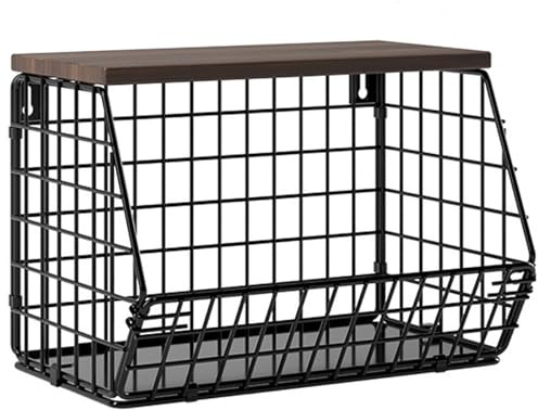 Cesto per la frutta, fruttiera sospesa, cestini da cucina sospesi, cestini da cucina, contenitori da parete, impilabili, con coperchio in legno e viti, per conservare verdura, frutta e snack, nero