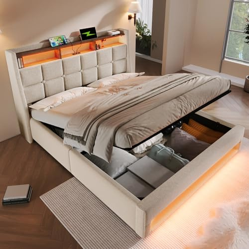 5ft King Size Bed Frame with Hydraulic Lift&LED Storage Headboard, Linen Functional Upholstered Ottoman Bed with LED Lighting&USB Type-C Charging, Hydraulic Storage Bed with Slat, No Mattress, Beige