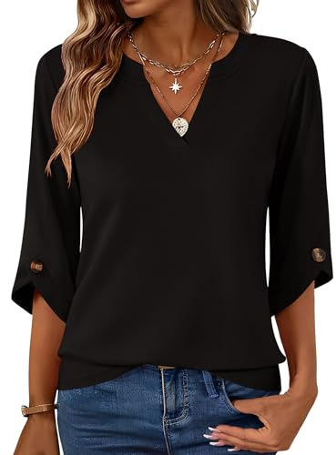 Kistore Womens Summer Tops Bell 3/4 Sleeve Blouses Dressy Casual V Neck T Shirt Elegant Wear with Leggings Black L