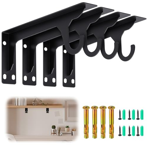 Otoolling 4 Pcs Wall Mounted Closet Rod Brackets Heavy Duty 11.18 Inch Closet Shelf Brackets with Rod Holder Support 400 Lbs for Curtain Wardrobe Shop (Black)