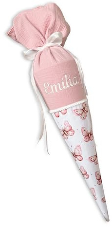 Generisch Schultüte für Mädchen Rosa Schmetterlinge | personalisierte Zuckertüte mit Name | handgemacht | hochwertige Stoffschultüte zur Einschulung (35cm - ohne Kissen)