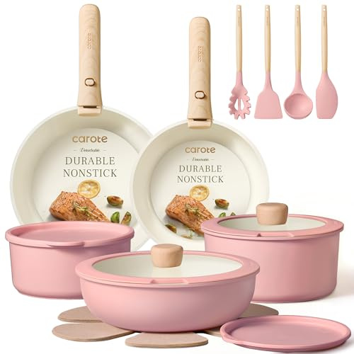 CAROTE 19pcs Pots and Pans Set Non Stick, Detachable Handle Cookware, Pink | Kitchen Cooking Sets, Space Saving, Induction Compatible, Dishwasher & Oven Safe, Non-Toxic, for Camping/RV/Traveling