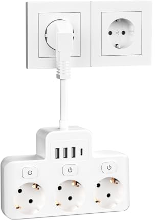3 Fach Steckdosenleiste mit 3 USB A & 1 USB C, Doppelstecker für Steckdose, 7 in 1 Steckdosenadapter mit Kabel, Verteilersteckdose Steckerleiste für Büro, Hause, Reisen