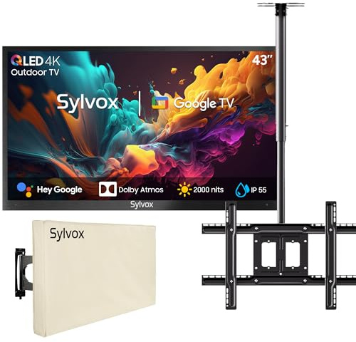 SYLVOX 43 TV Extérieur avec Housse & Support Plafond à écran - QLED 4K UHD 2000Nits, Smart Google Outdoor TV Étanche IP55, Google Assistant - pour Pool/Jardins/Terrasse (Pool Pro 2.0 QLED)