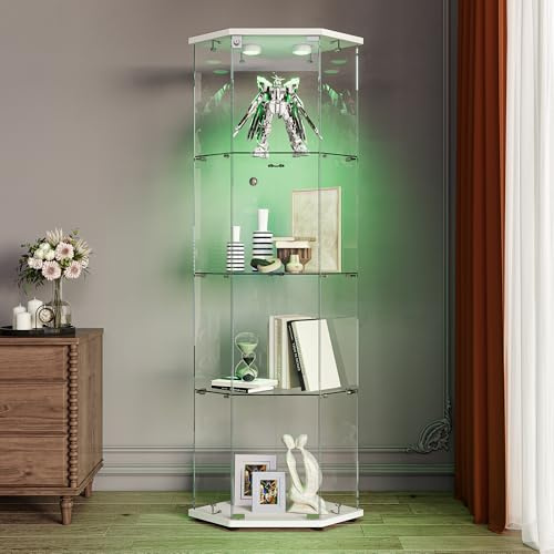 Vetrina Pentagonale con Illuminazione a LED, Armadio da Collezione Moderno con 1 Ante e 4 Ripiani, Mobile vetrina in Vetro da Collezione, per Soggiorno, Camera da Letto (Bianco B, 60x44x162cm)