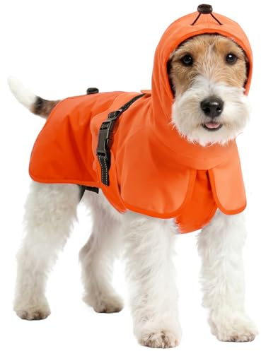 OUOBOB Hunde-Regenmantel, leichte Regenjacke, verstellbarer Haustierponcho mit Kapuze, schneefeste Hundeweste, Regenbekleidung, Kleidung mit Loch für die Leine, Orange, S