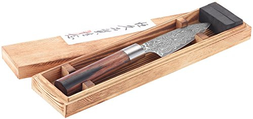 TokioKitchenWare Santoku Messer Damast: Handgefertigtes Marken-Damast-Kochmesser mit 12-cm-Klinge (Santokumesser, Messer mit Klingenmaserung)