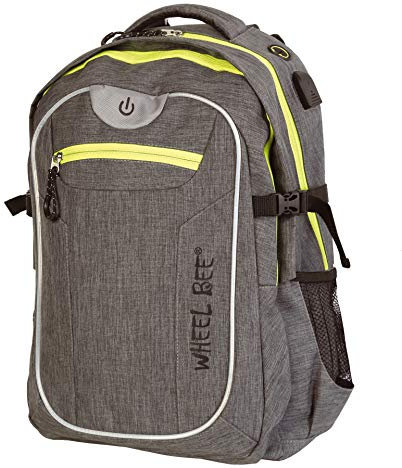 Wheel-Bee Rucksack Revolution, Design: Grey, mit integriertem LED Licht (grün) und Reflektorstreifen für Sicherheit und Sichtbarkeit, 30 Liter Volumen, viele Fächer, 950022, 46x32x20 cm