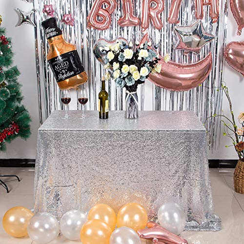 JYFLZQ Silver Sequin Tablecloth 50 x 80 Rectangular Sparkly Drape Table Cloths Table Cover Overlay for Christmas Wedding Birthday Parties Baby Shower