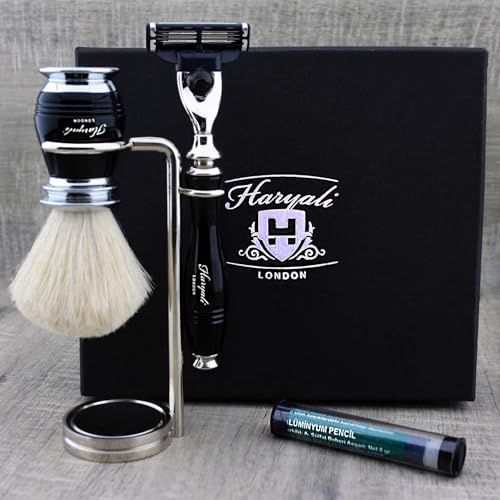 Haryali London - Kit da barba da uomo, con rasoio a 3 bordi e pennello da barba in tasso bianco puro, supporto e allume, set perfetto per gli uomini