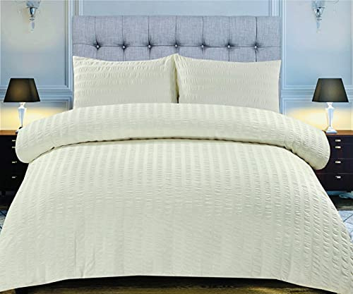 Amazing Seersucker Duvet Quilt Cover Set with Pillowcase and Plain Dyed Matching-colour fitted sheet Premium Quality (Cream, Super King)