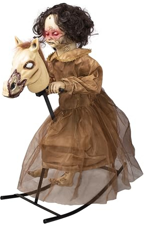 p'tit clown - 17121 - Halloween-Automat - Verfluchtes Mädchen auf Schaukelpferd animiert - 100 cm - Animatronik - Animatronic - Netzbetrieb - Einfache und schnelle Montage