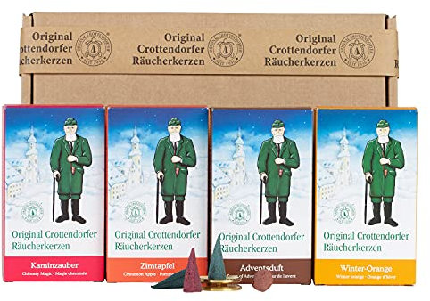 Crottendorfer Räucherkerzen - Zimtapfel, Kaminzauber, Winterorange, Adventsduft 4er Pack - in Geschenkverpackung mit Messingteller (4 x 24 Stück)