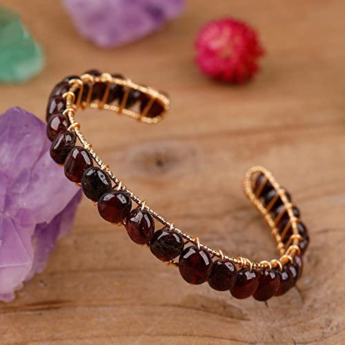 JIANGZ Edelstein Armband, Eleganter Offener Armreif Natürlicher Roter Granat Freundschaftsarmband Verstellbarer Charme Chakra Armbänder Edelstein Energie Glücksgeschenk Für Frauen Prom Party