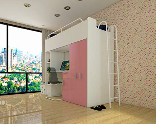 Marlux-Meble Hochbett Kinderbett JSM-4 80x190 mit Kleiderschrank Schreibtisch und Leiter Matt Kinderbetten Funktionsbett Etagenbett Stockbett Kinderhochbett Jugendhochbett (Rosa Matt)