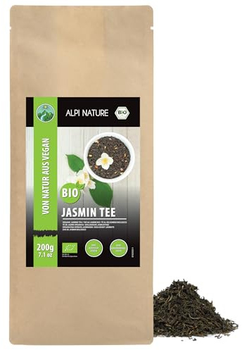 Alpi Nature Jasmintee BIO 200g, Jasmin Blüten getrocknet | Grüner Tee bio mit Jasminblüten, natürlich koffeinhaltig, loser Tee zur Teezubereitung