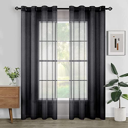 Woaboy Voile Gardinen Vorhänge Ösen 2er 140x225cm Schwarz | Voile Gewebe für Wohnzimmer und Schlafzimmer, transparent, leicht und dekorativ für moderne Fenster.
