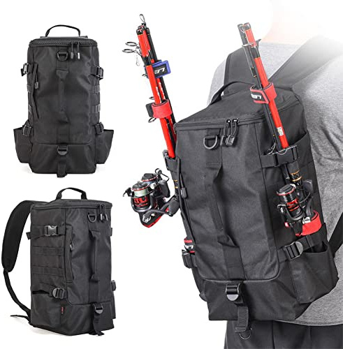 soonbuy Sac à dos de pêche, 2 supports de canne à pêche, sac à dos sans 4 boîtes, grand sac de rangement de 17,4 l pour matériel de pêche, pêche à la truite, camping, randonnée, noir