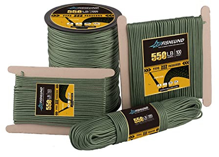 Cuerda de paracaídas FISHLUND de 550 LB, 7 hebras Tipo III, 50 pies, 4 mm, Nailon para Acampar, Verde Oliva