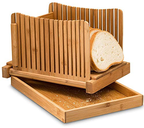 LAURAG Bamboo Bread Slicer with Cutting Board Foldable Adjustable Bread Slicer for Homemade Bread Loaf Cakes