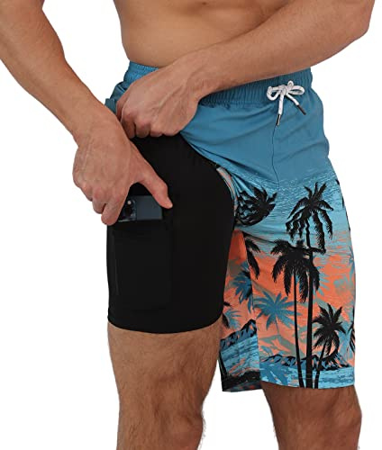Arcweg Men's Swimming Shorts 2 in 1 Quick Dry Long Swimming Trunks with Compression Lined Surfing Stretchy Beach Shorts with Zipper Pockets M(UK)