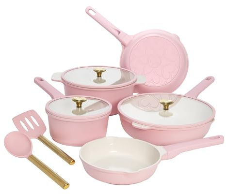 Paris Hilton Keramik-Kochgeschirr-Set, Aluminiumguss mit zweilagiger Antihaftbeschichtung, goldene Herzknöpfe, kühlbleibende Griffe, hergestellt ohne PFAS, PFOA, PFOS und PTFE, spülmaschinenfest,