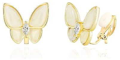 QUKE Schmetterling Form Ohrclips Ohrstecker Ohrringe Nicht Durchbohrt Katzenaugenstein Gold Ohrstecker für Frauen Mädchen
