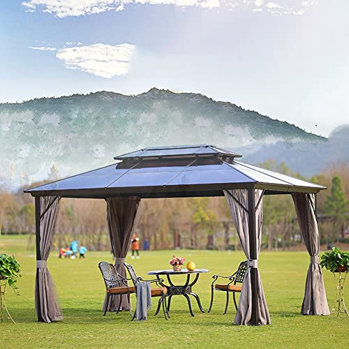RNQZ 3 x 4 m Pavillon, Hardtop-Aluminium-Pavillon, Polycarbonat-Doppeldach-Terrassenpavillon mit Netz und Vorhängen für Gartenterrassenrasen