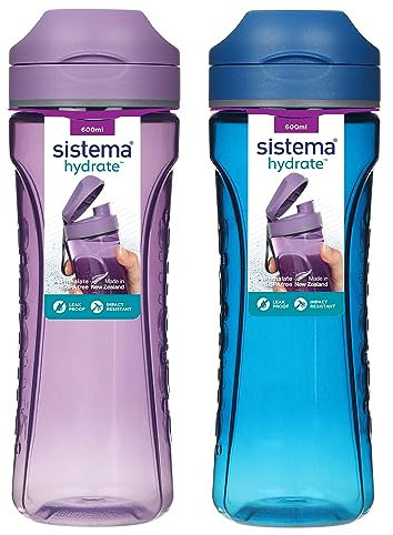 Sistema Hydrate Tritan Swift botella de agua | 600 ml | Botella de agua hermética | Sin BPA | Azul océano y morado bruma | 2 unidades
