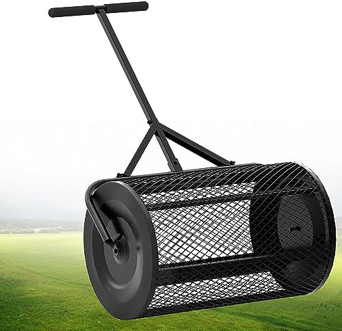 ALSUP Rasen- und Gartenorf-Moos-Roller mit Seitenriegel, 24,4-25,6 Höhenverstellbar, 24 breites, puderbeschichteter Stahlnetzkorb zum Ausbreiten von Gülle,Black-40x60cm