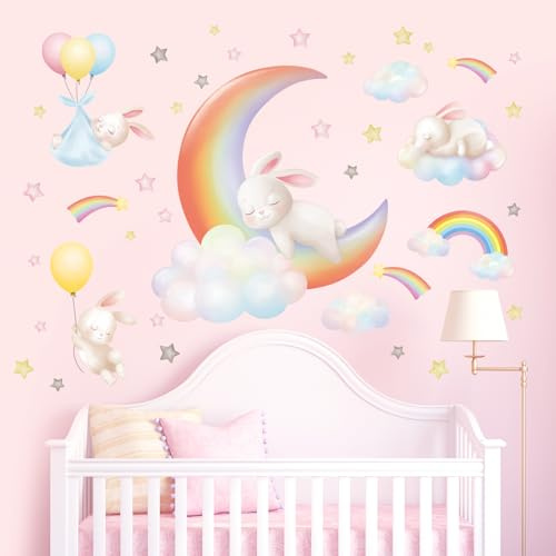 DECOWALL SG2-2313 Regenbogenmond Wolken Wandtattoo Kaninchen Wandaufkleber für Kinderzimmer Heimdekoration Kunst Babyzimmer Jungen Mädchen Farbe Spielzimmer Schlafzimmer niedlich