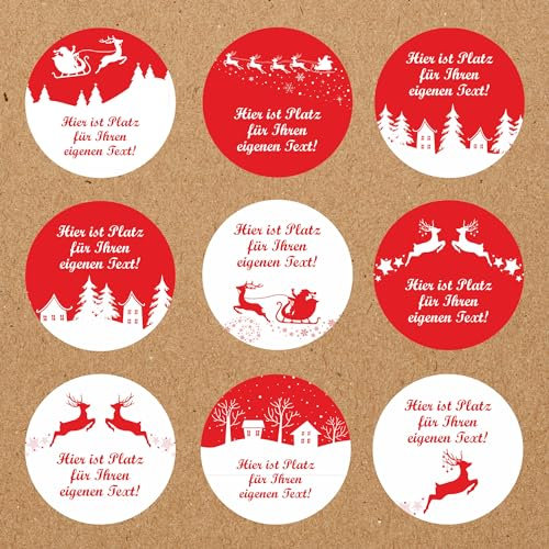 INDIGOS UG - Aufkleber Weihnachten rot 1 - Wunschtext - 54 Stück - 30mm - personalisierte Geschenke - selbstklebende Folie - Etiketten selbstklebend - Dekoration Verpackung von Weihnachtsgeschenken