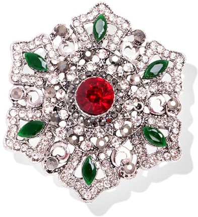 Broche Vintage En Strass Flocon De Neige Fleur Pour Femmes Filles Mode Rouge Vert Cristal Baroque Grandes Broches Plaquées Or Épinglettes Délicates Boho Vacances Fête Des Mères Bijoux Cadeau (Argent)