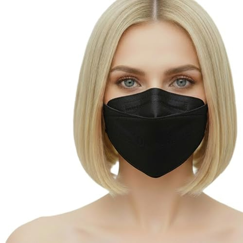 kela 10 Stck. FFP2 Atemschutzmaske schwarz mit 2 Gratis Ohrenschoner | Made in Germany | Klimaneutrale Atemschutzmaske mit verbesserter Atemfähigkeit | schwarz MHD 31.12.2026